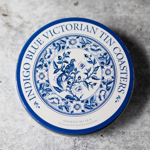 Restoration Hardware Indigo Blue Victorian Tin Coasters Set of 4 in Tin - Picture 1 of 6